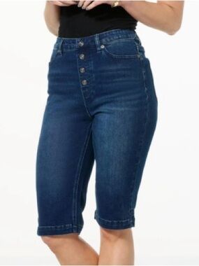 DG2 by Diane Gilman Dark Blue High-Rise Pull On Cropped Denim Bermuda Jeans